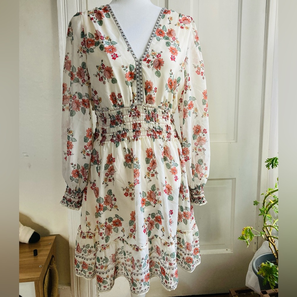 Floral long sleeve white dress